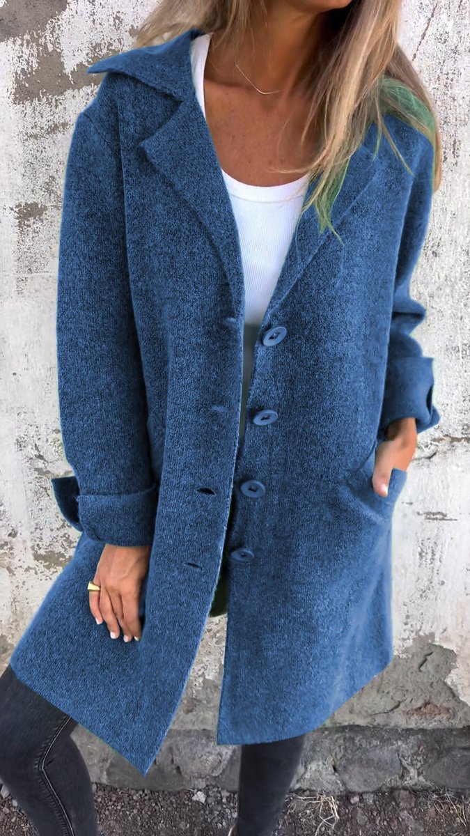 Women’s relaxed-fit long button-front lapel coat by Christine Brewer, casual style, shown in a natural pose.