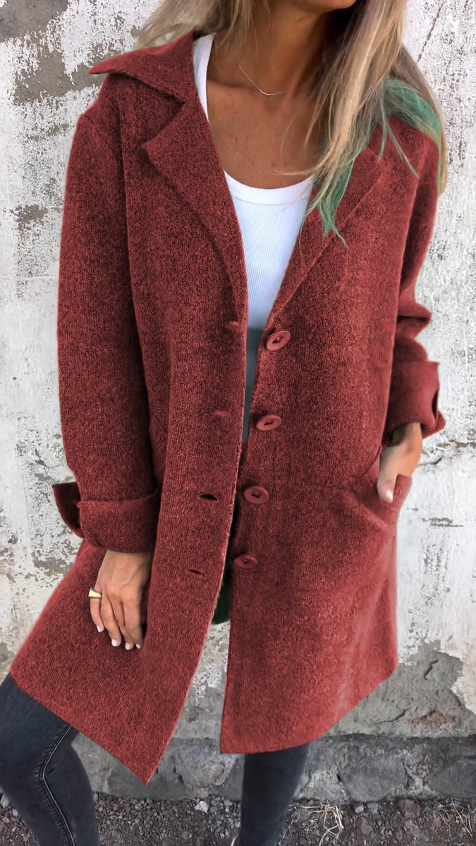 Women’s relaxed-fit long button-front lapel coat by Christine Brewer, casual style, shown on a model with neutral background.