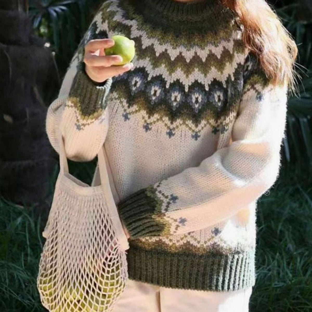 Brita | Women's Nordic Sweater Fair Isle Crew Neck Relaxed Fit Knit Pullover Warm Holiday Knit