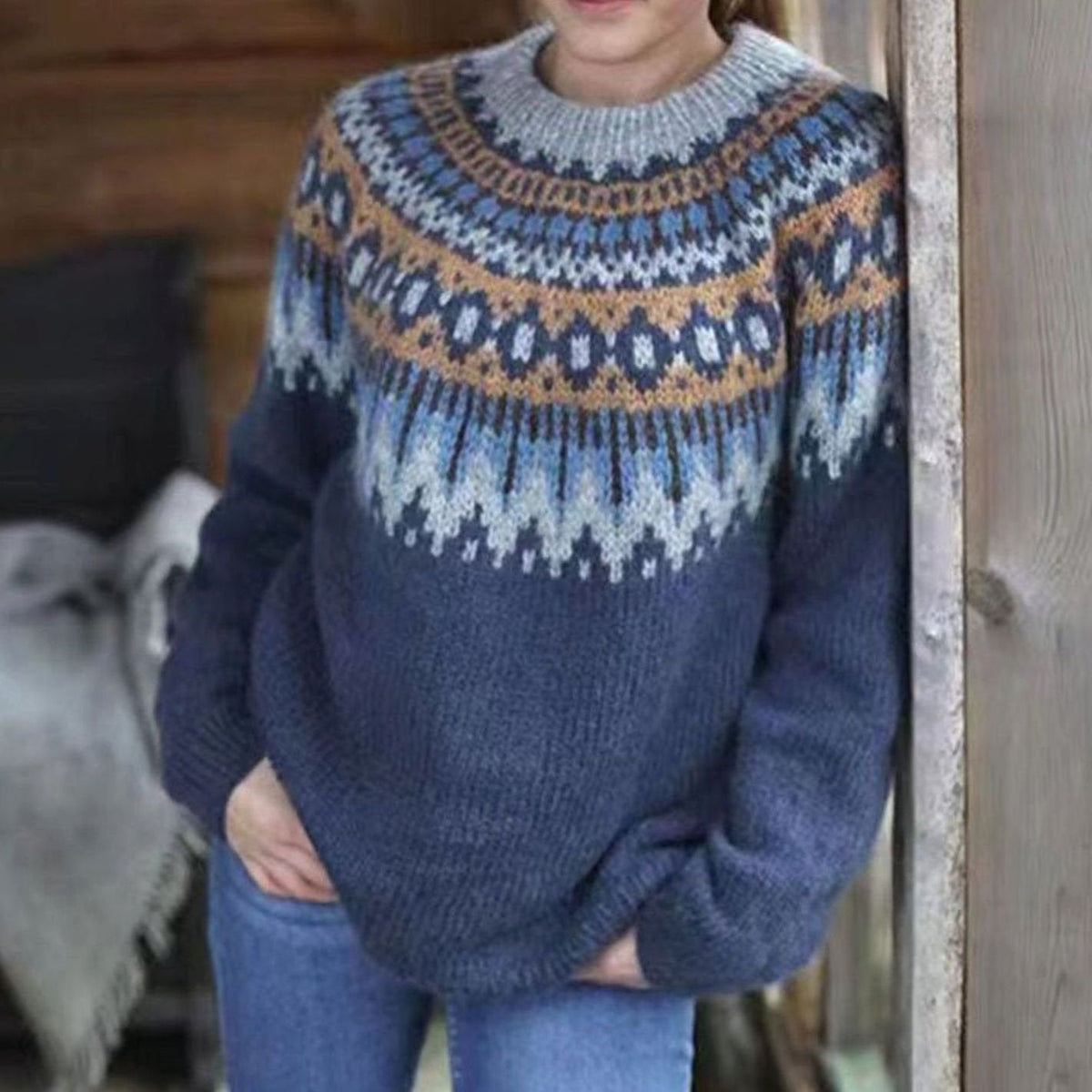 Gudrun | Women's Christmas Sweater Nordic Fair Isle Crew Neck Relaxed Fit Knit Pullover Cozy Warm Festive
