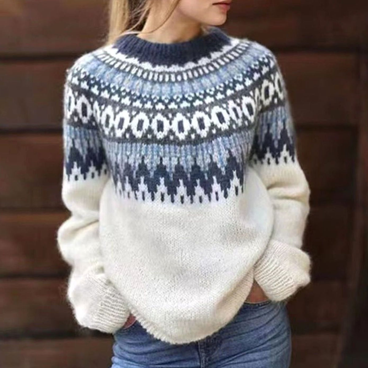 Brita | Women's Nordic Sweater Fair Isle Crew Neck Relaxed Fit Knit Pullover Warm Holiday Knit