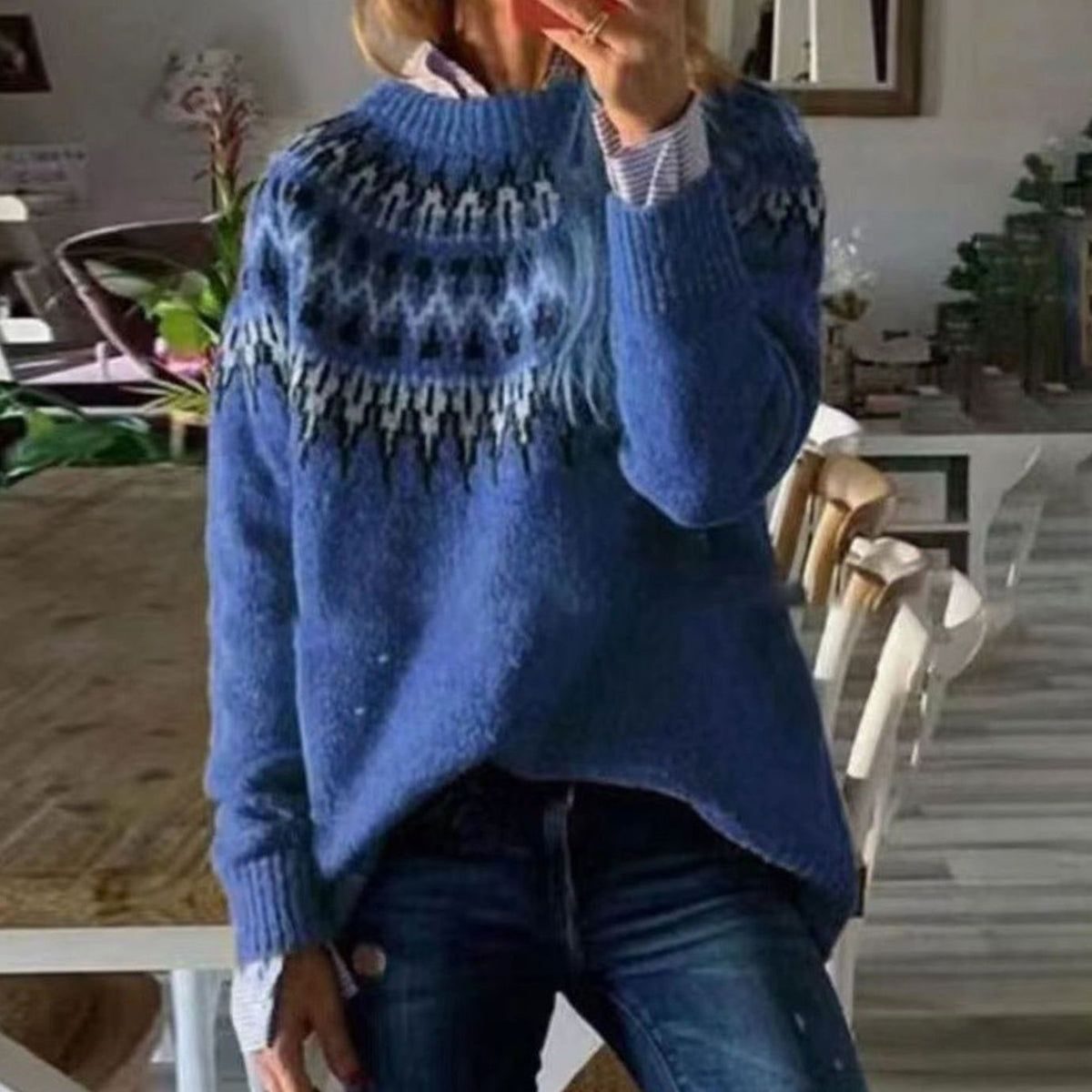 Gudrun | Women's Christmas Sweater Nordic Fair Isle Crew Neck Relaxed Fit Knit Pullover Cozy Warm Festive