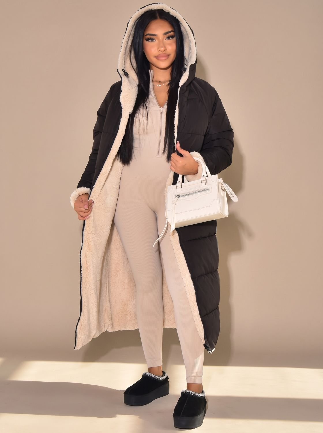 Lily | Puffer Coat Puffer Jacket Quilted Winter Warm Hooded Reversible Sherpa Lined Longline Zip