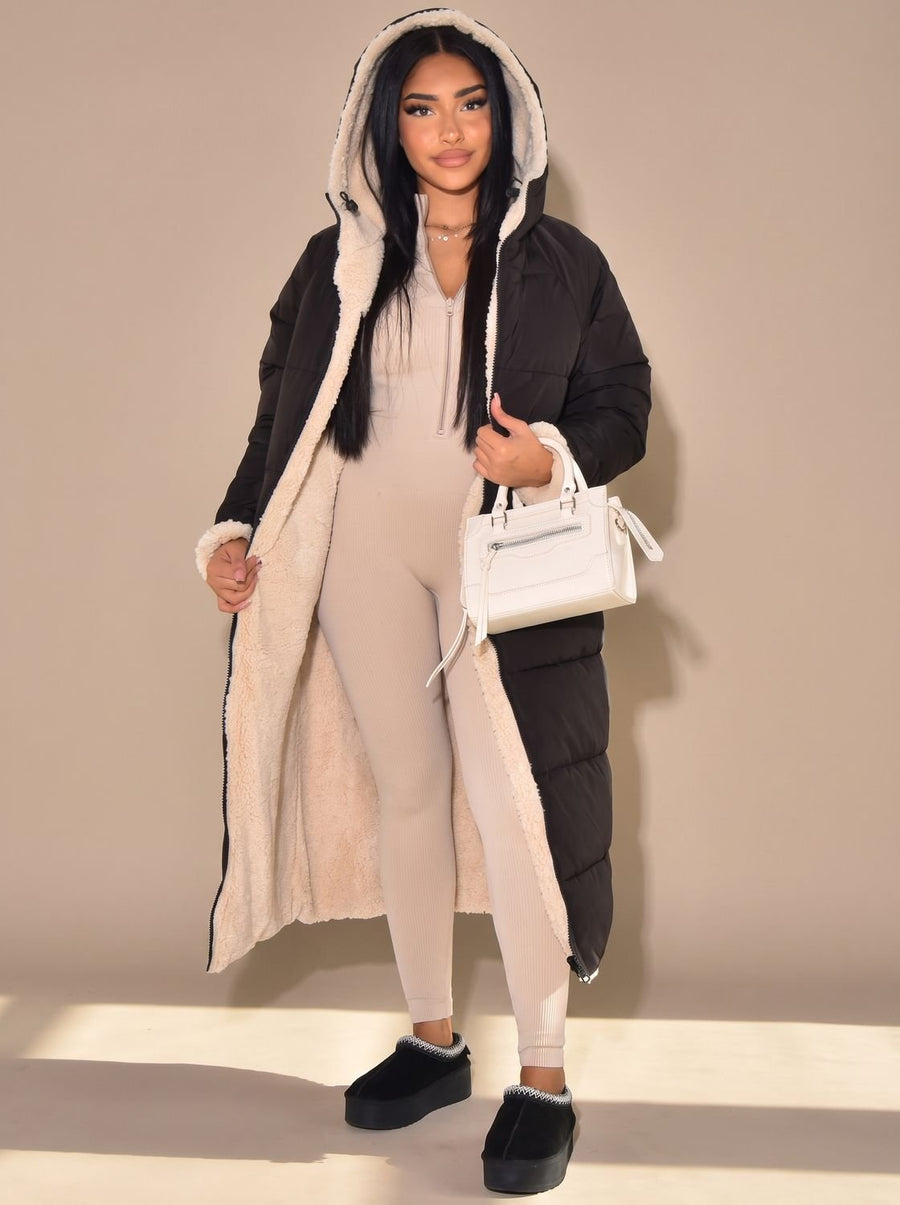 Lily | Puffer Coat Puffer Jacket Quilted Winter Warm Hooded Reversible Sherpa Lined Longline Zip