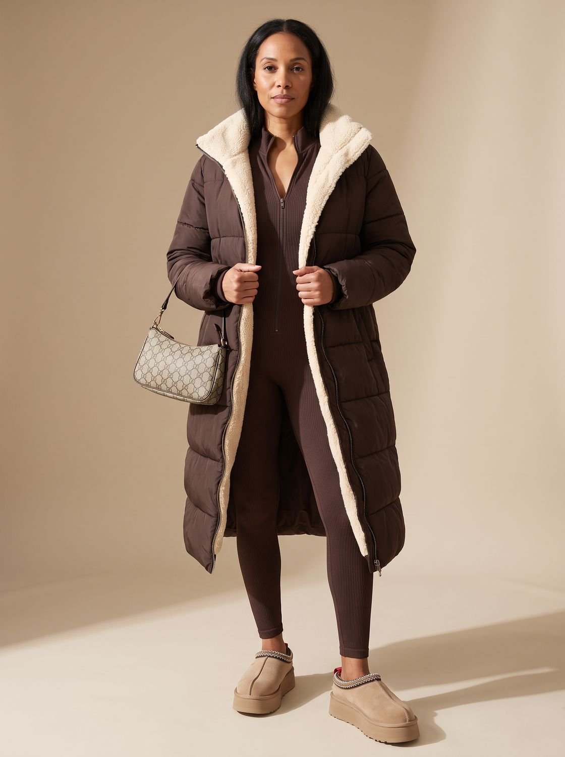 Lily | Puffer Coat Puffer Jacket Quilted Winter Warm Hooded Reversible Sherpa Lined Longline Zip