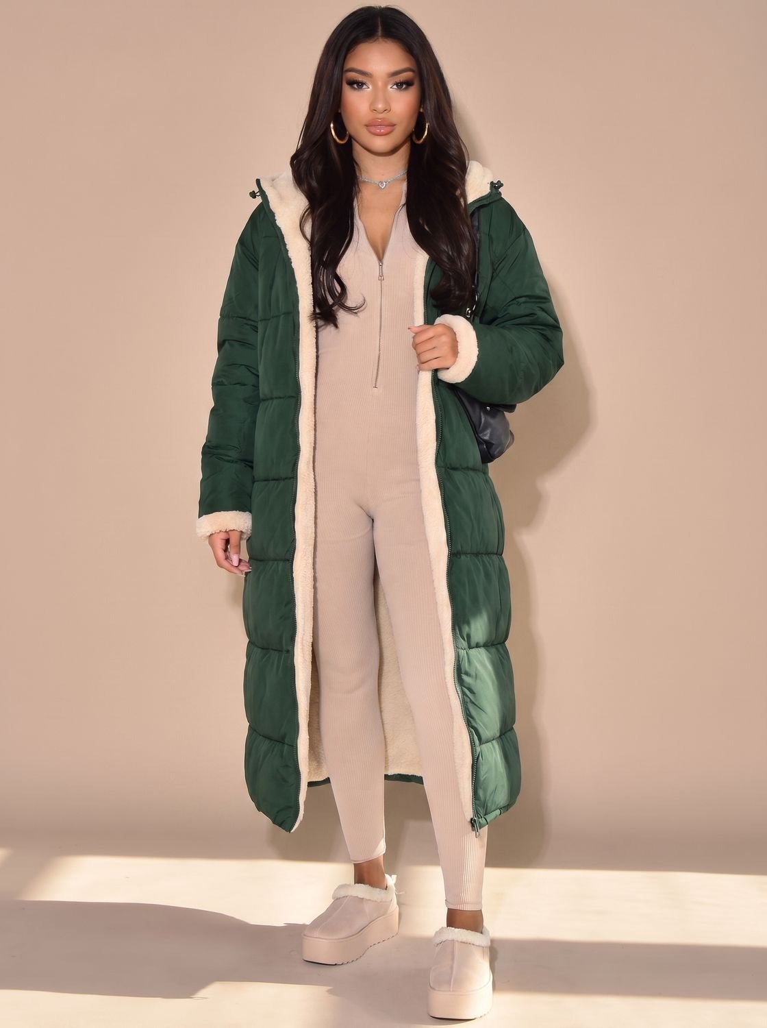 Lily | Puffer Coat Puffer Jacket Quilted Winter Warm Hooded Reversible Sherpa Lined Longline Zip