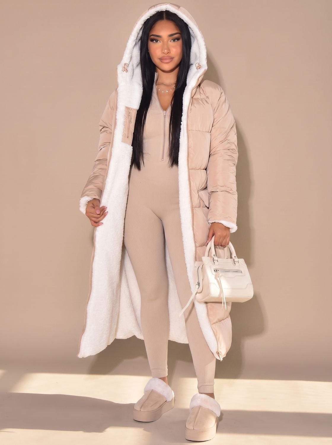 Lily | Puffer Coat Puffer Jacket Quilted Winter Warm Hooded Reversible Sherpa Lined Longline Zip