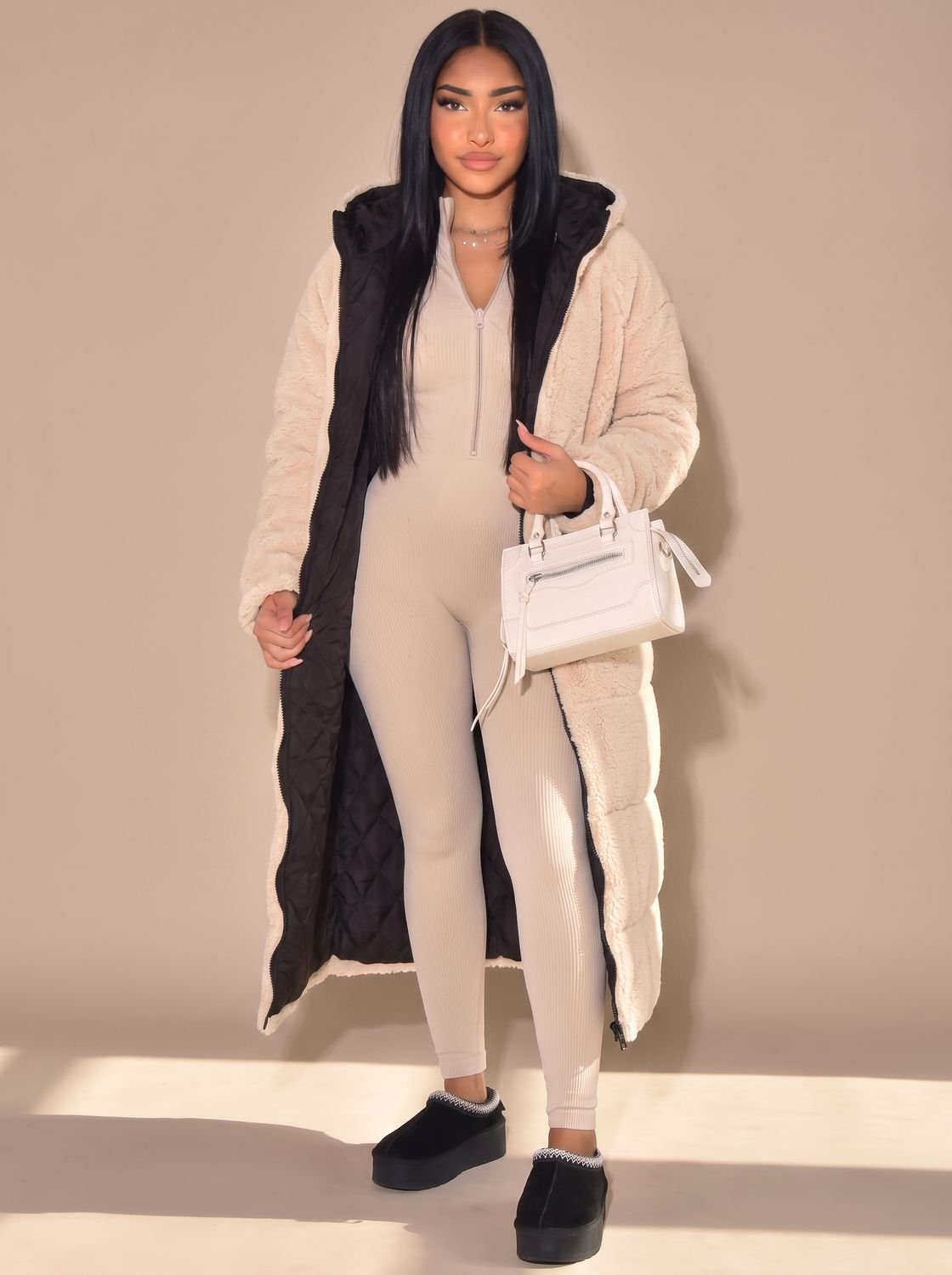 Lily | Puffer Coat Puffer Jacket Quilted Winter Warm Hooded Reversible Sherpa Lined Longline Zip