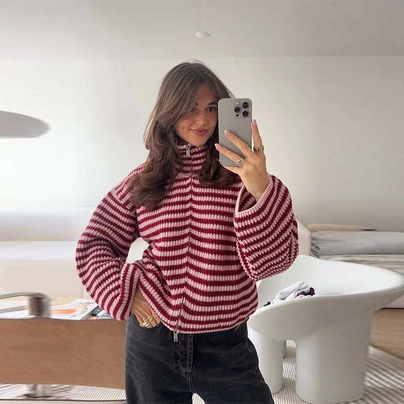 Brigitte | Ribbed Oversized High Neck Cardigan for Women