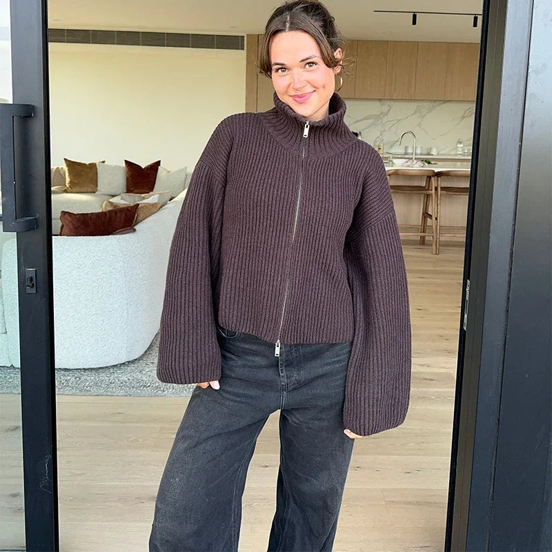 Brigitte | Ribbed Oversized High Neck Cardigan for Women