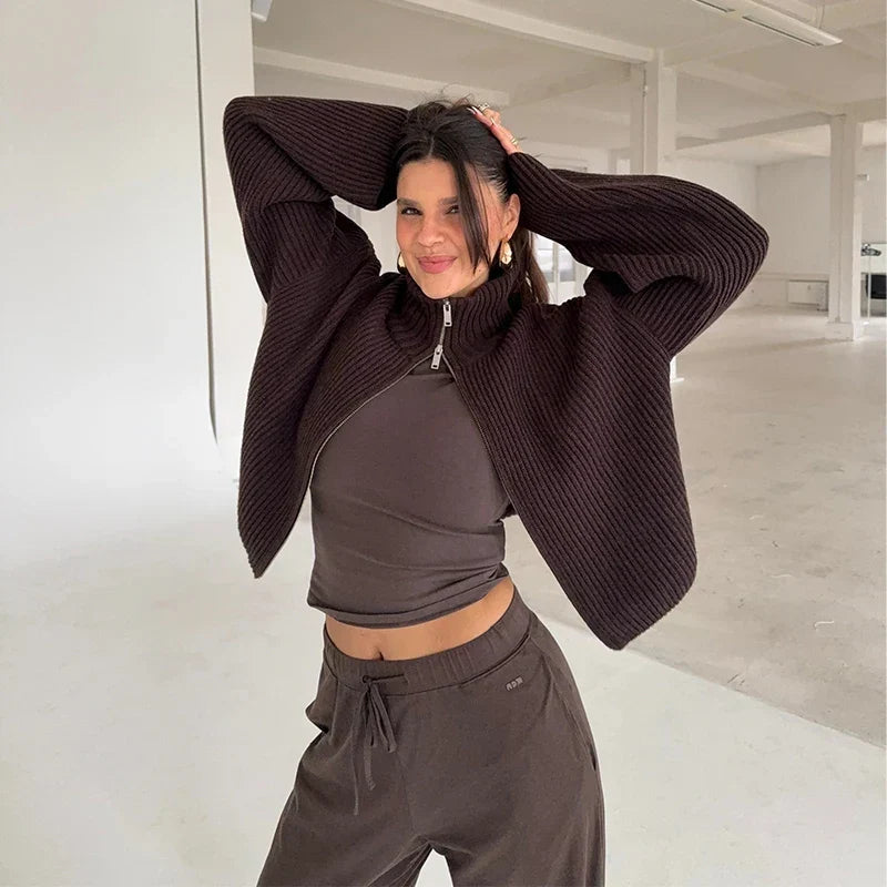 Brigitte | Ribbed Oversized High Neck Cardigan for Women