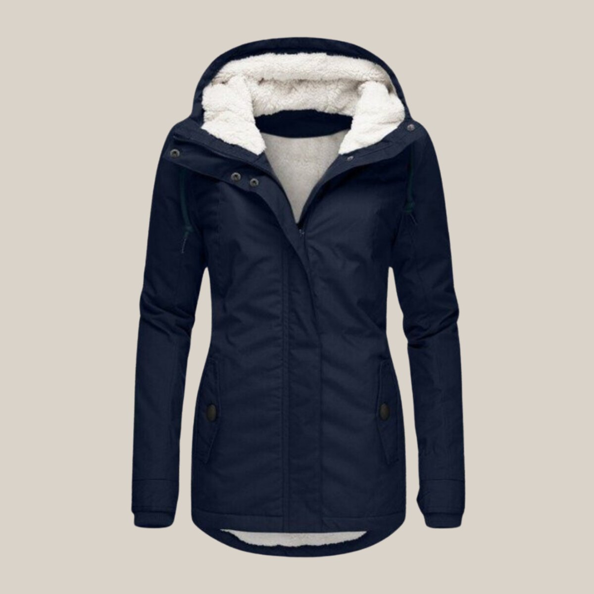 Women’s Sherpa-lined quilted winter jacket with hood by Christine Brewer, featuring cozy fleece lining and quilted design.