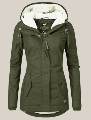 Women’s Sherpa-lined quilted winter jacket with hood by Christine Brewer, featuring cozy fleece lining and quilted design.