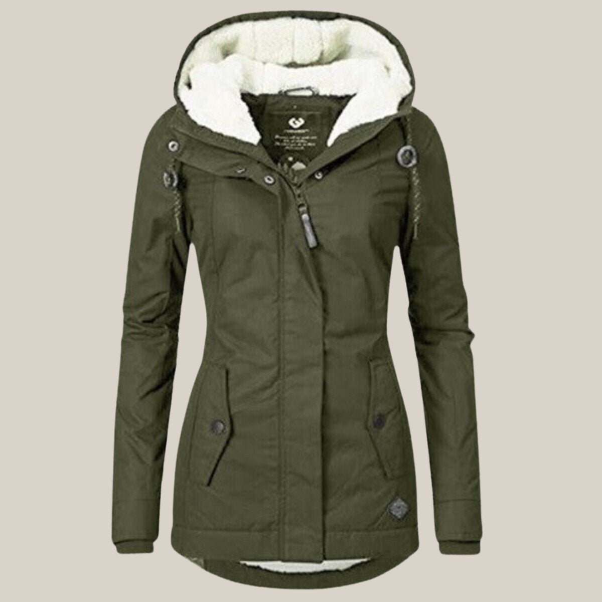 Women’s Sherpa-lined quilted winter jacket with hood by Christine Brewer, featuring cozy fleece lining and quilted design.