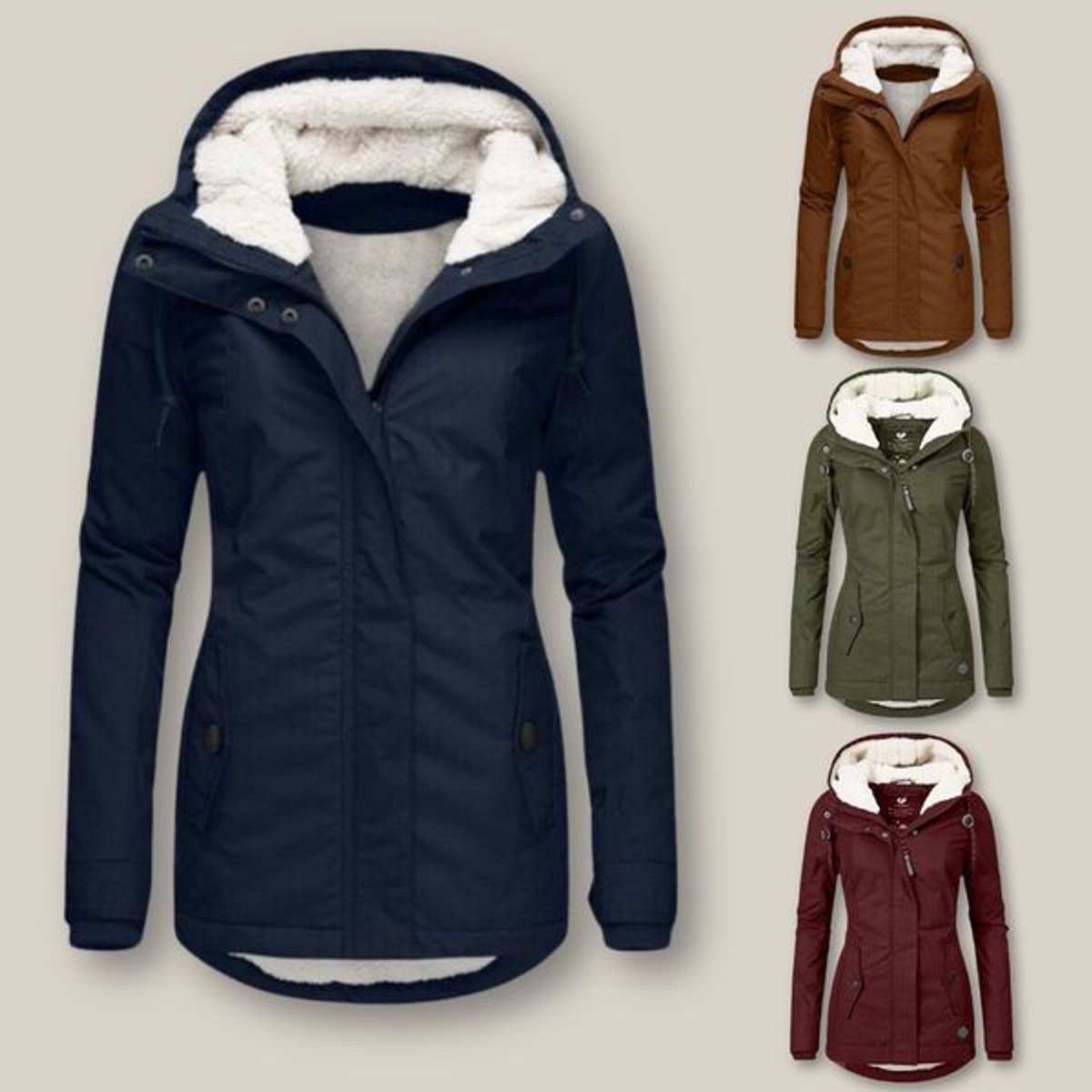 Women's Sherpa-lined quilted winter jacket with hood by Christine Brewer, featuring cozy fleece lining and quilted exterior.