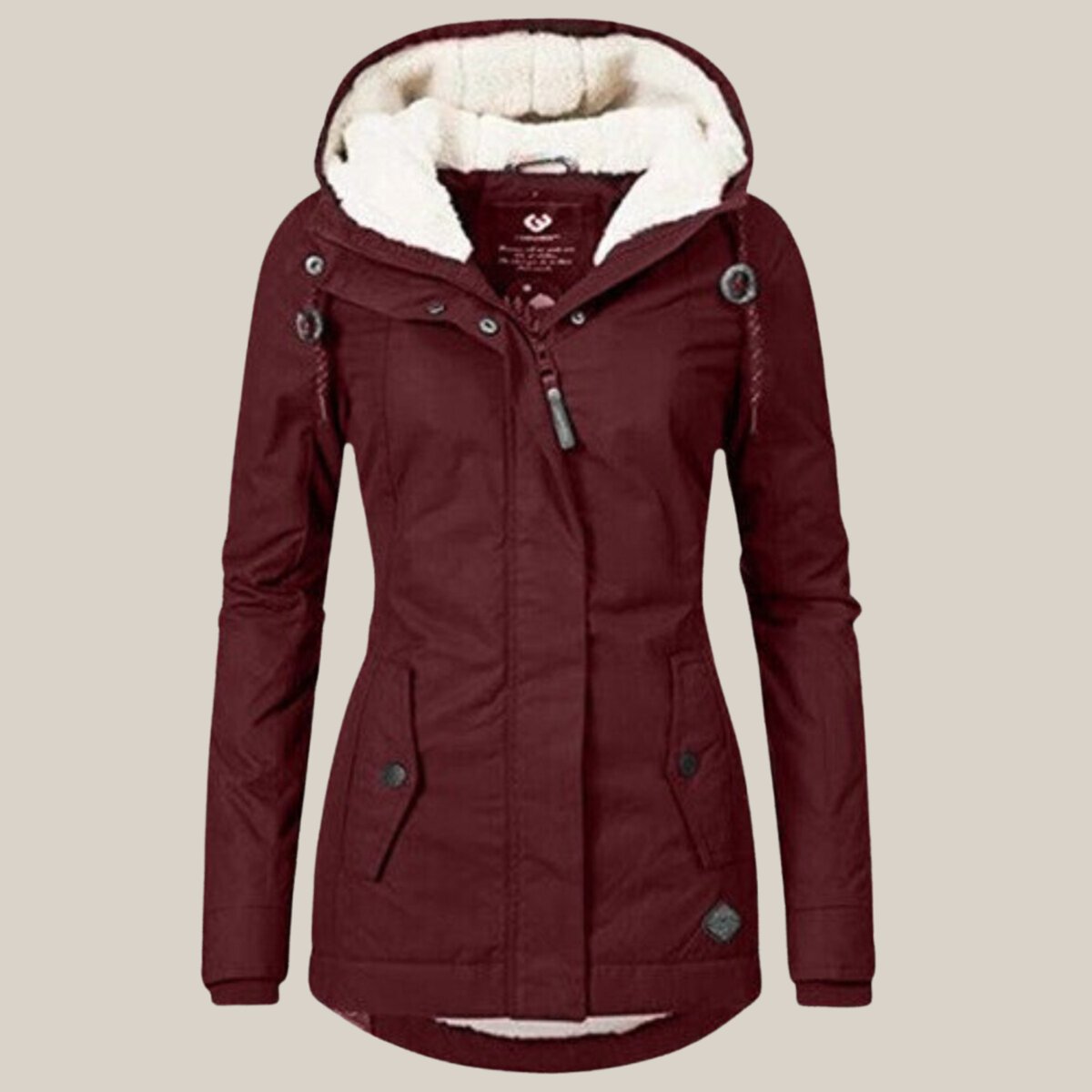 Women’s Sherpa-lined quilted winter jacket with hood, fleece interior, and quilted exterior by Christine Brewer.