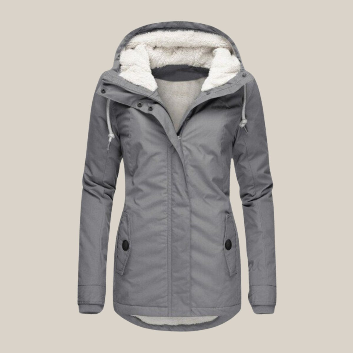 Women’s sherpa-lined quilted winter jacket with hood, Christine Brewer fleece coat featuring cozy sherpa lining and quilted design.