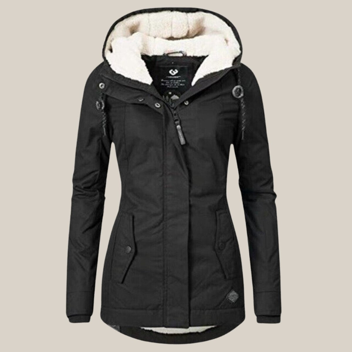 Women's Sherpa-lined quilted winter jacket with hood by Christine Brewer, featuring cozy fleece lining and quilted design.
