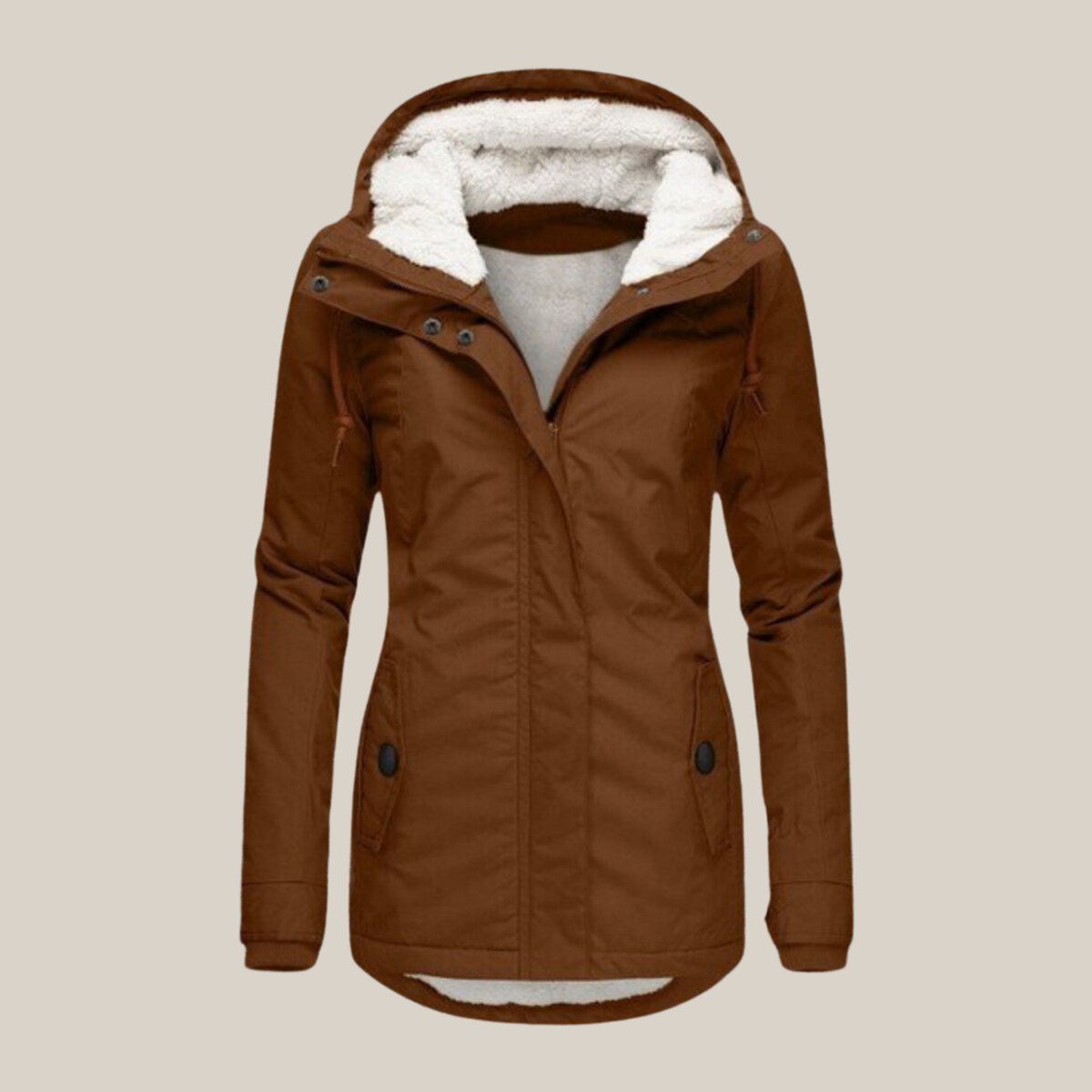Women's Sherpa-lined quilted winter jacket with hood by Christine Brewer, featuring cozy fleece lining and quilted design.