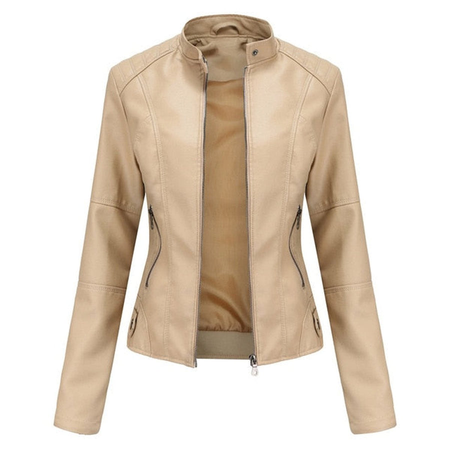 Women's short-cut faux leather moto jacket with mock-neck and zip-up front by Christine Brewer, stylish and fitted.