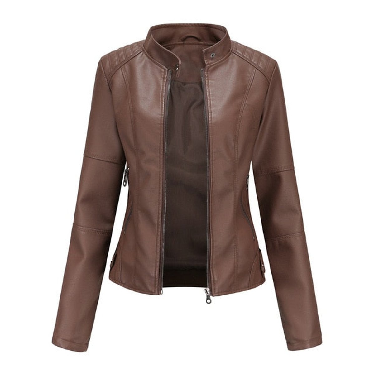 Women's short-cut faux leather moto jacket with mock-neck and zip-up design by Christine Brewer.