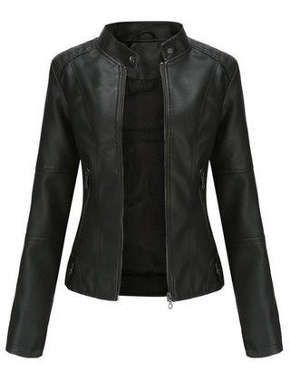 Women's short-cut faux leather moto jacket with zip-up mock-neck design by Christine Brewer, stylish and edgy outerwear.