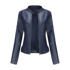 Women's short-cut faux leather moto jacket with mock-neck and zip-up front by Christine Brewer. Black, stylish and fitted design.
