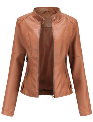 Women's short-cut faux leather moto jacket with mock-neck and zip-up front by Christine Brewer, styled for a chic look.