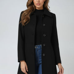 Women's Lily single-breasted structured midi winter coat by Christine Brewer, featuring a tailored fit and classic design.