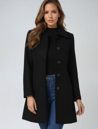 Women's Lily single-breasted structured midi winter coat by Christine Brewer, featuring a tailored fit and classic design.
