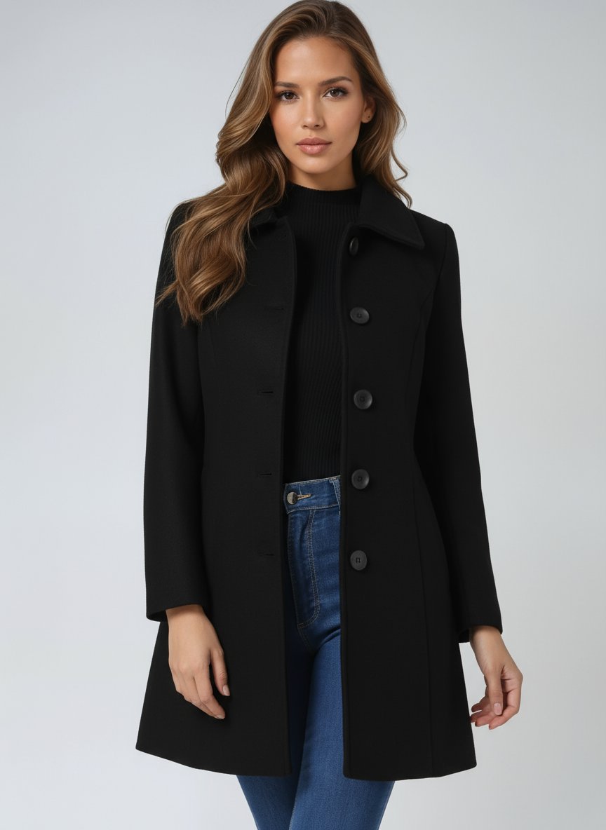 Women's Lily single-breasted structured midi winter coat by Christine Brewer, featuring a tailored fit and classic design.