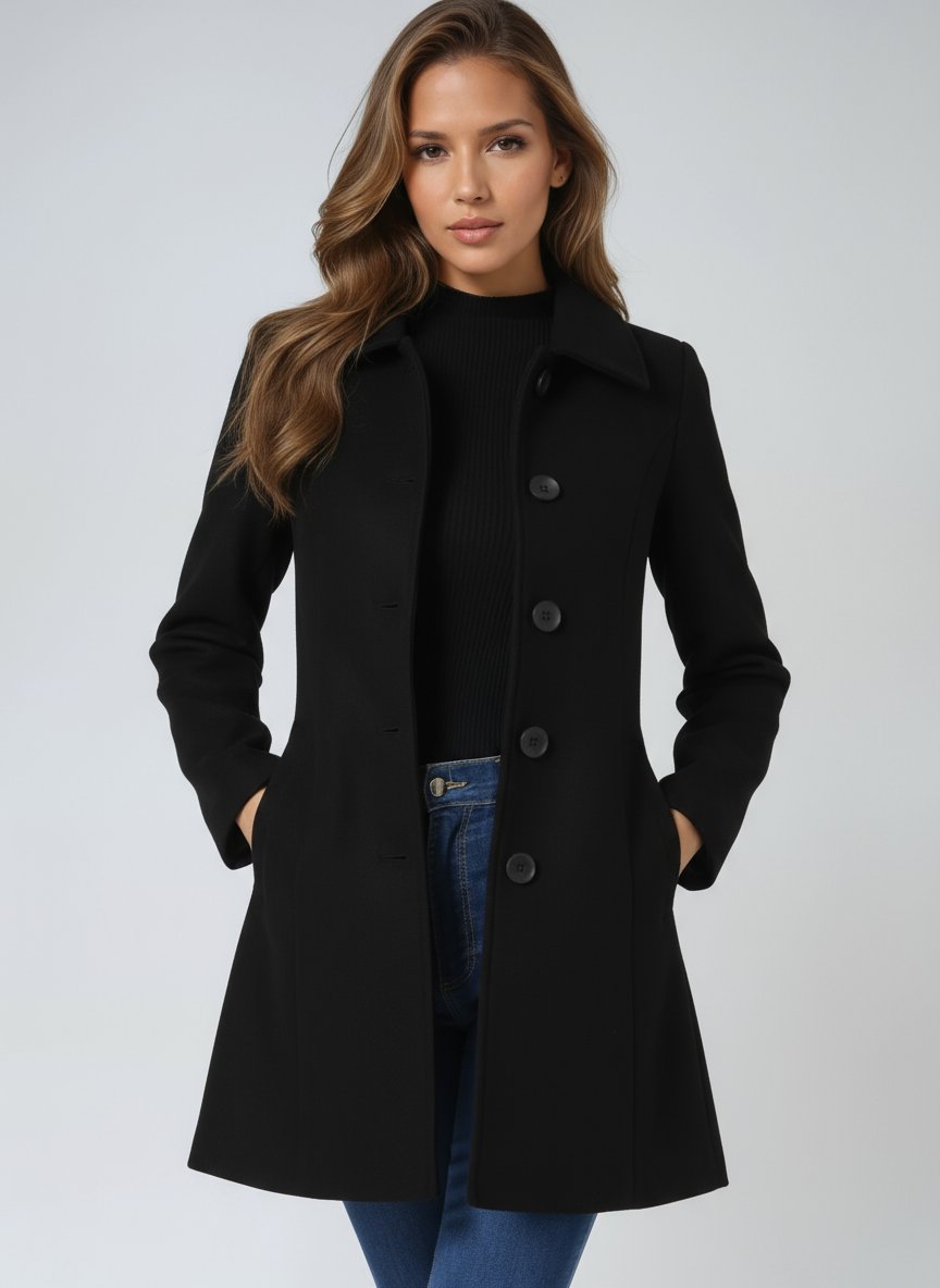Women's structured midi winter coat by Christine Brewer, featuring a single-breasted design and tailored fit for cold weather.