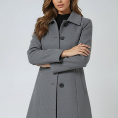 Women’s structured midi winter coat by Christine Brewer featuring a single-breasted design and tailored fit.
