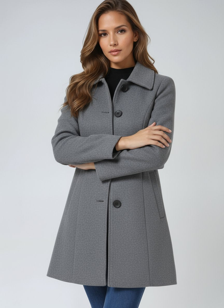 Women’s structured midi winter coat by Christine Brewer featuring a single-breasted design and tailored fit.