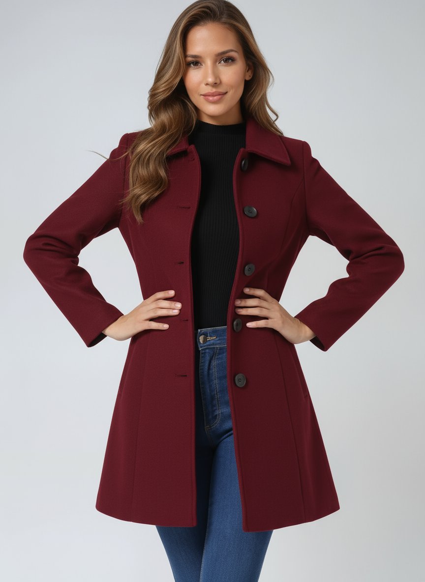 Women's structured Lily winter coat by Christine Brewer, single-breasted midi-length coat with a tailored fit and winter-ready design.