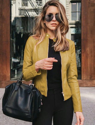 Sophie women's slim-fit zip-up faux leather jacket by Christine Brewer, shown in black, with a high collar and zipper front.