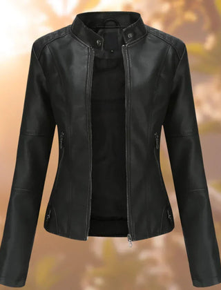 Women's slim-fit zip-up moto faux leather jacket by Christine Brewer, featuring a stylish design and classic motorcycle-inspired silhouette.