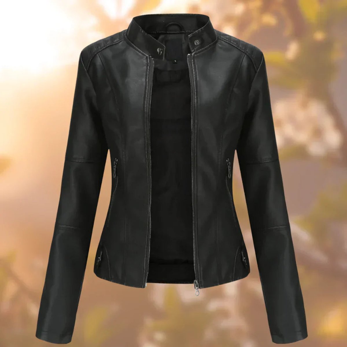 Women's slim-fit zip-up moto faux leather jacket by Christine Brewer, featuring a stylish design and classic motorcycle-inspired silhouette.