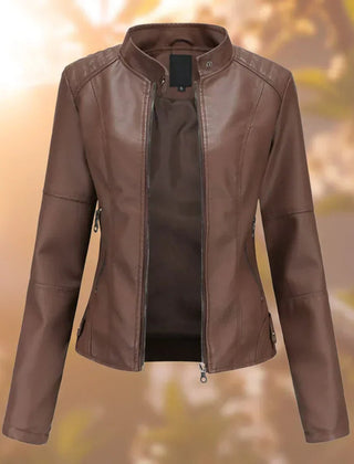Women’s slim-fit zip-up moto jacket in faux leather by Christine Brewer, showcasing a stylish, fitted design with a front zipper.