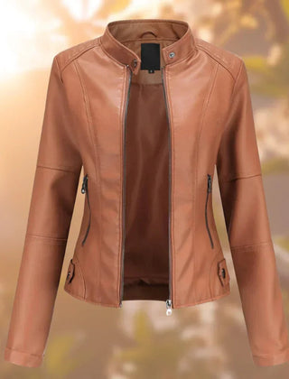 Women’s slim-fit zip-up faux leather moto jacket by Christine Brewer, featuring a sleek design and classic collar detail.