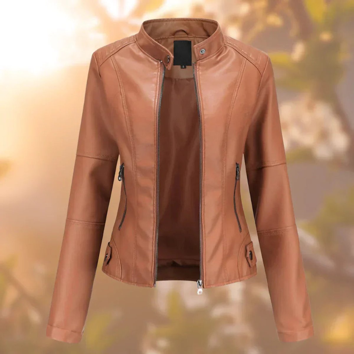 Women’s slim-fit zip-up faux leather moto jacket by Christine Brewer, featuring a sleek design and classic collar detail.