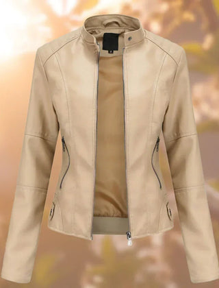 Women's slim-fit zip-up moto faux leather jacket by Christine Brewer, featuring a sleek design and stylish collar detail.