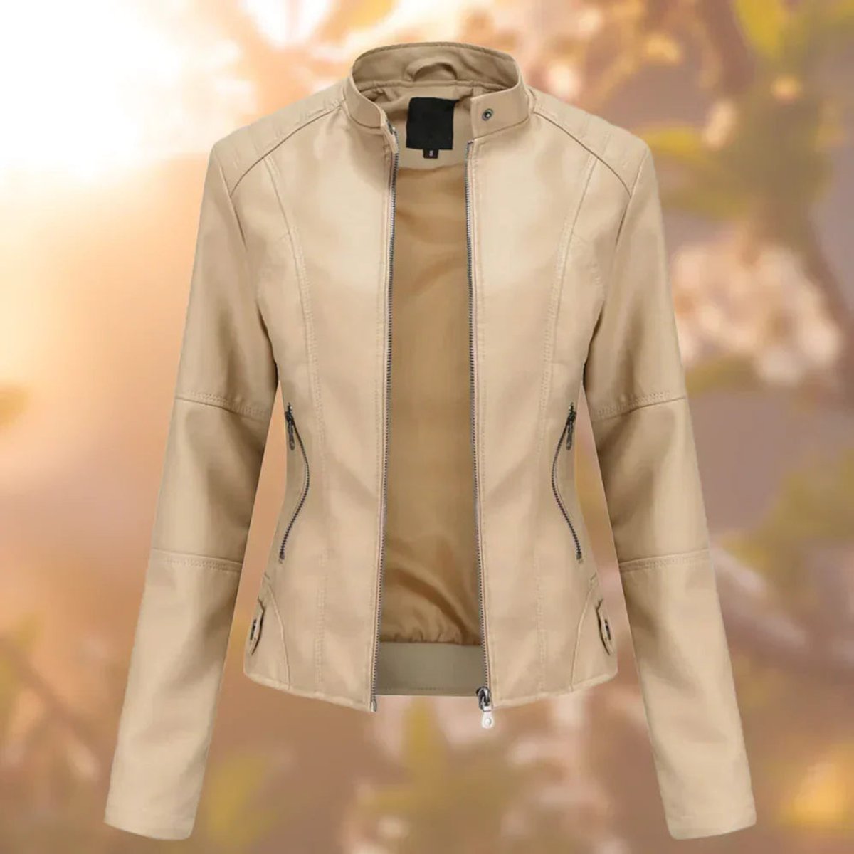 Women's slim-fit zip-up moto faux leather jacket by Christine Brewer, featuring a sleek design and stylish collar detail.