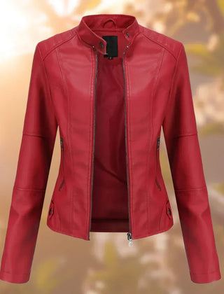 Women's slim-fit zip-up moto jacket by Christine Brewer, featuring faux leather material and stylish design.