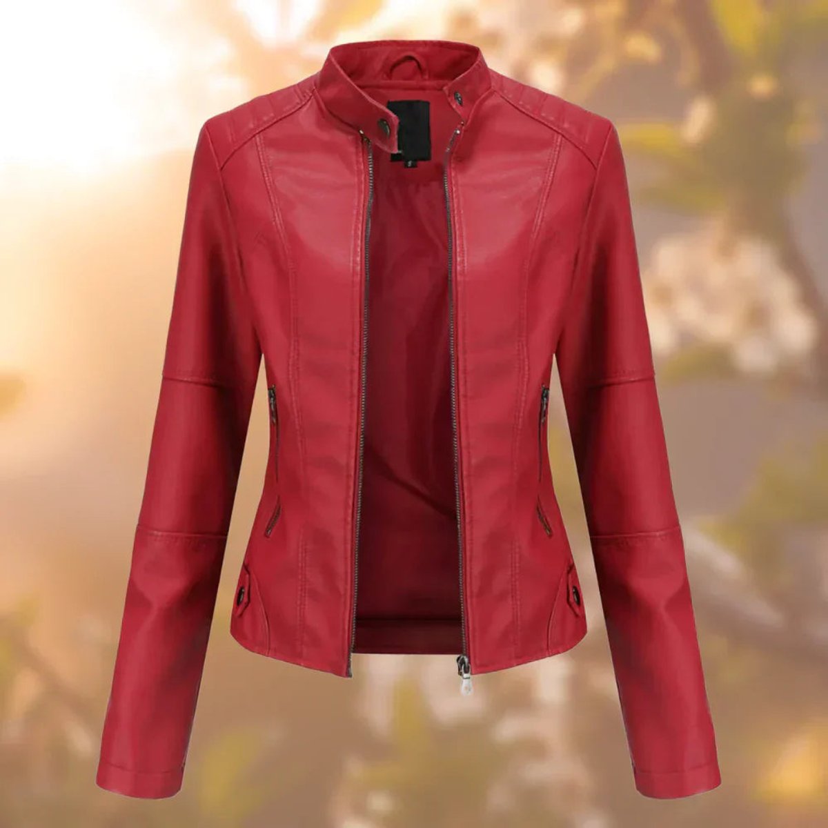 Women's slim-fit zip-up moto jacket by Christine Brewer, featuring faux leather material and stylish design.