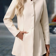Women's longline blazer coat with stand-collar and button-front closure, stylishly designed by Christine Brewer.