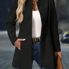 Women's longline blazer coat with stand collar and button-front closure by Christine Brewer, styled for a sophisticated look.