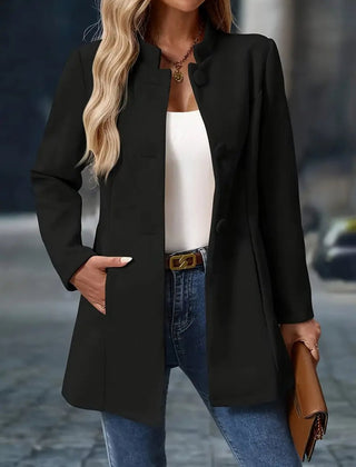 Women's longline blazer coat with stand collar and button-front closure by Christine Brewer, styled for a sophisticated look.