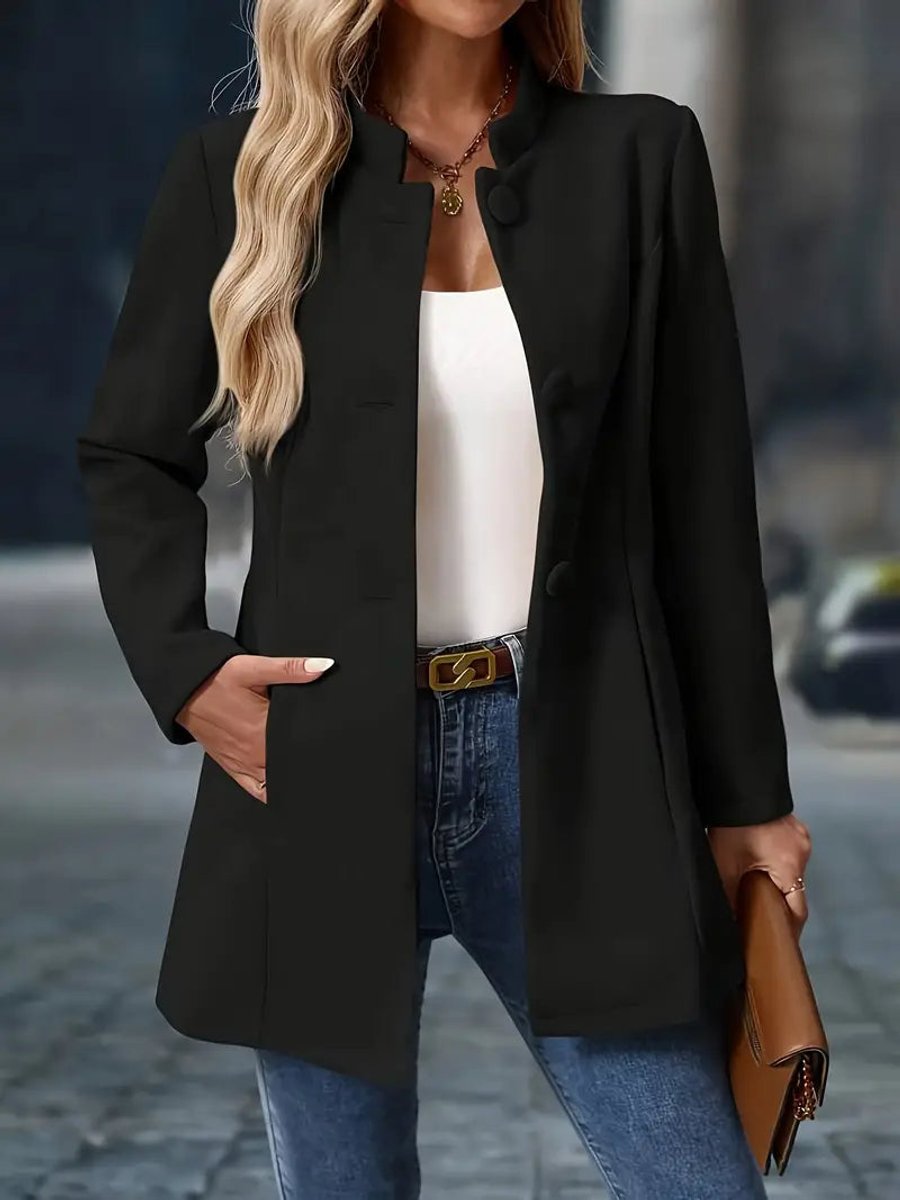 Women's longline blazer coat with stand collar and button-front closure by Christine Brewer, styled for a sophisticated look.