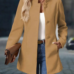 Christine Brewer women's longline blazer coat with stand collar, button-front, and tailored fit, ideal for stylish professional wear.